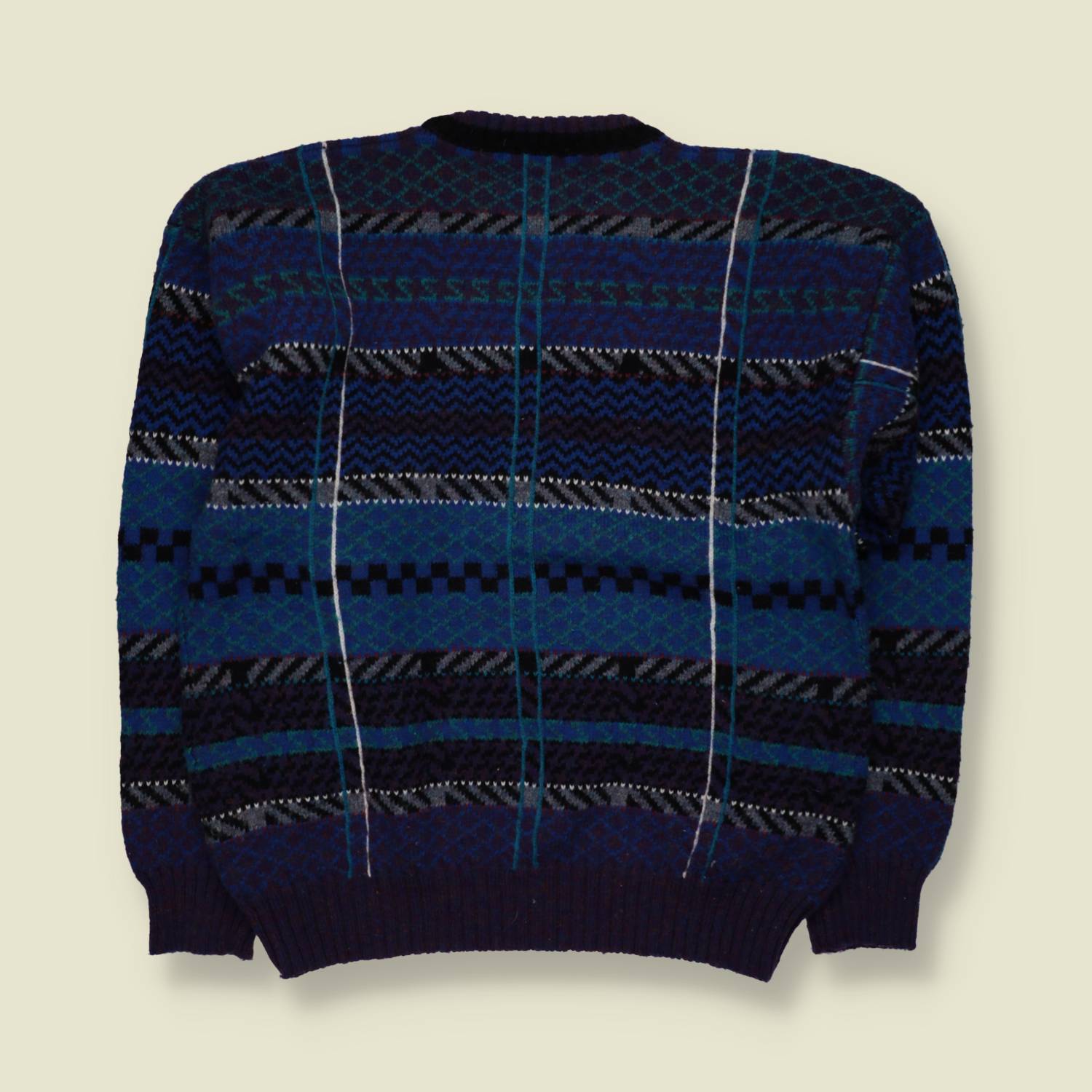1980s | Concrete | Patterned Crew Neck Jumper | Navy Multi - M