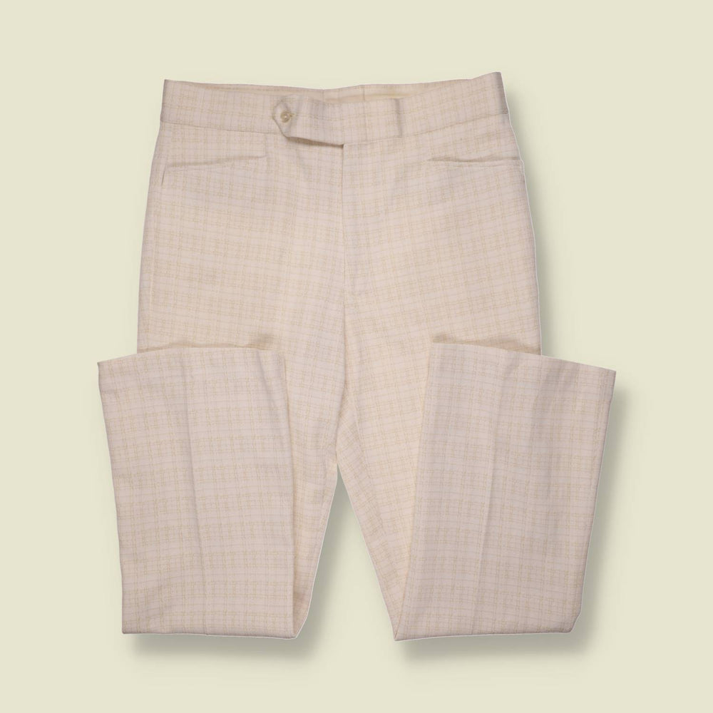 1970s | Polyester Micro Check Flared Trousers | Cream - w36