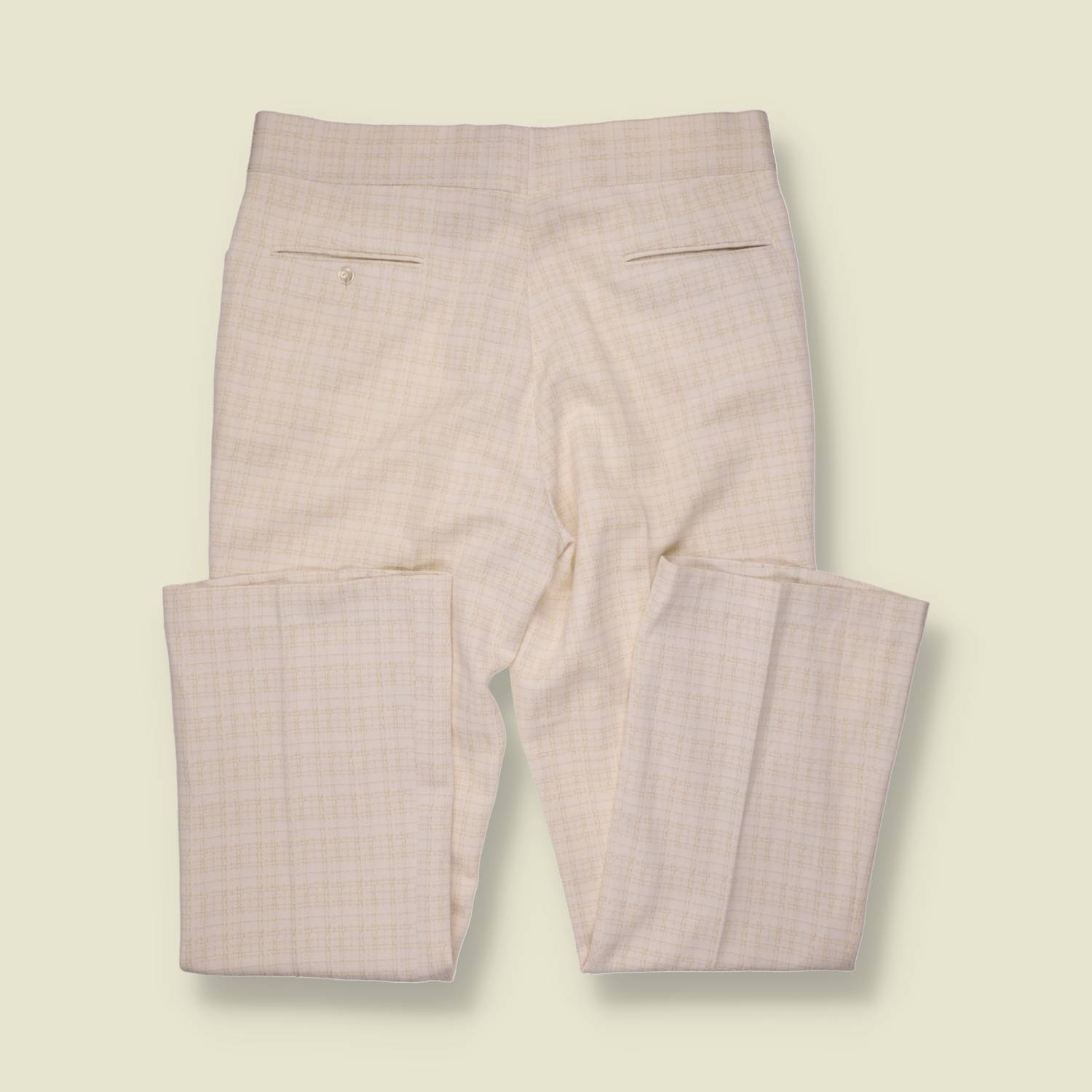1970s | Polyester Micro Check Flared Trousers | Cream - w36