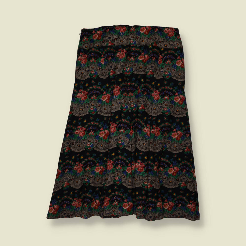 1970s | Poly Blend Skirt | Black Floral - w30