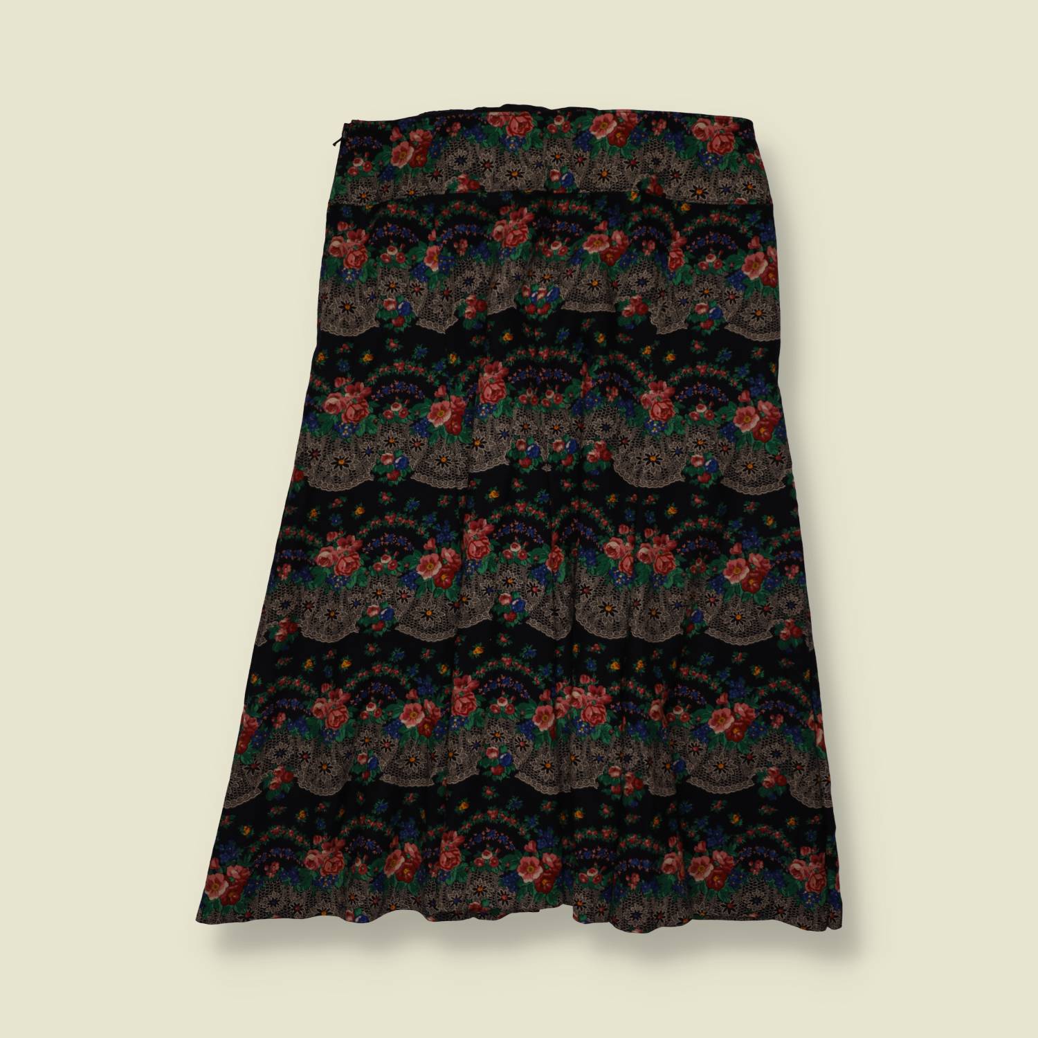 1970s | Poly Blend Skirt | Black Floral - w30