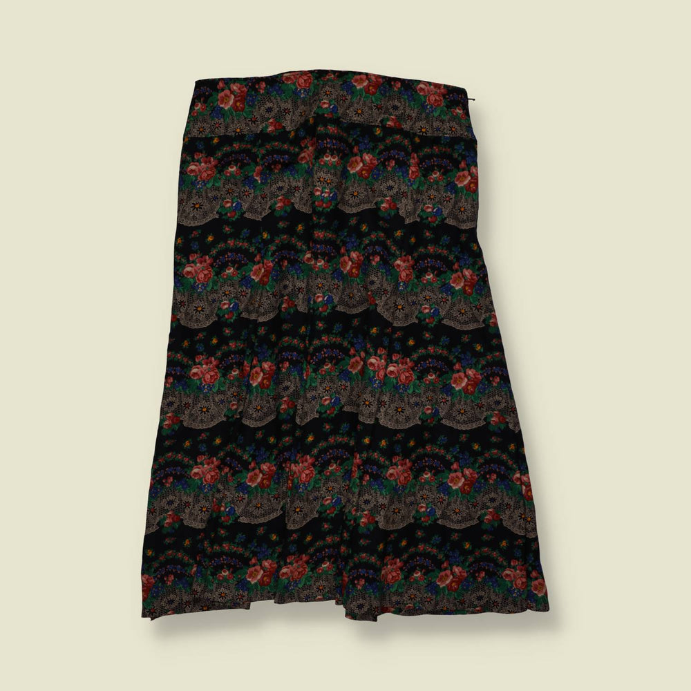1970s | Poly Blend Skirt | Black Floral - w30