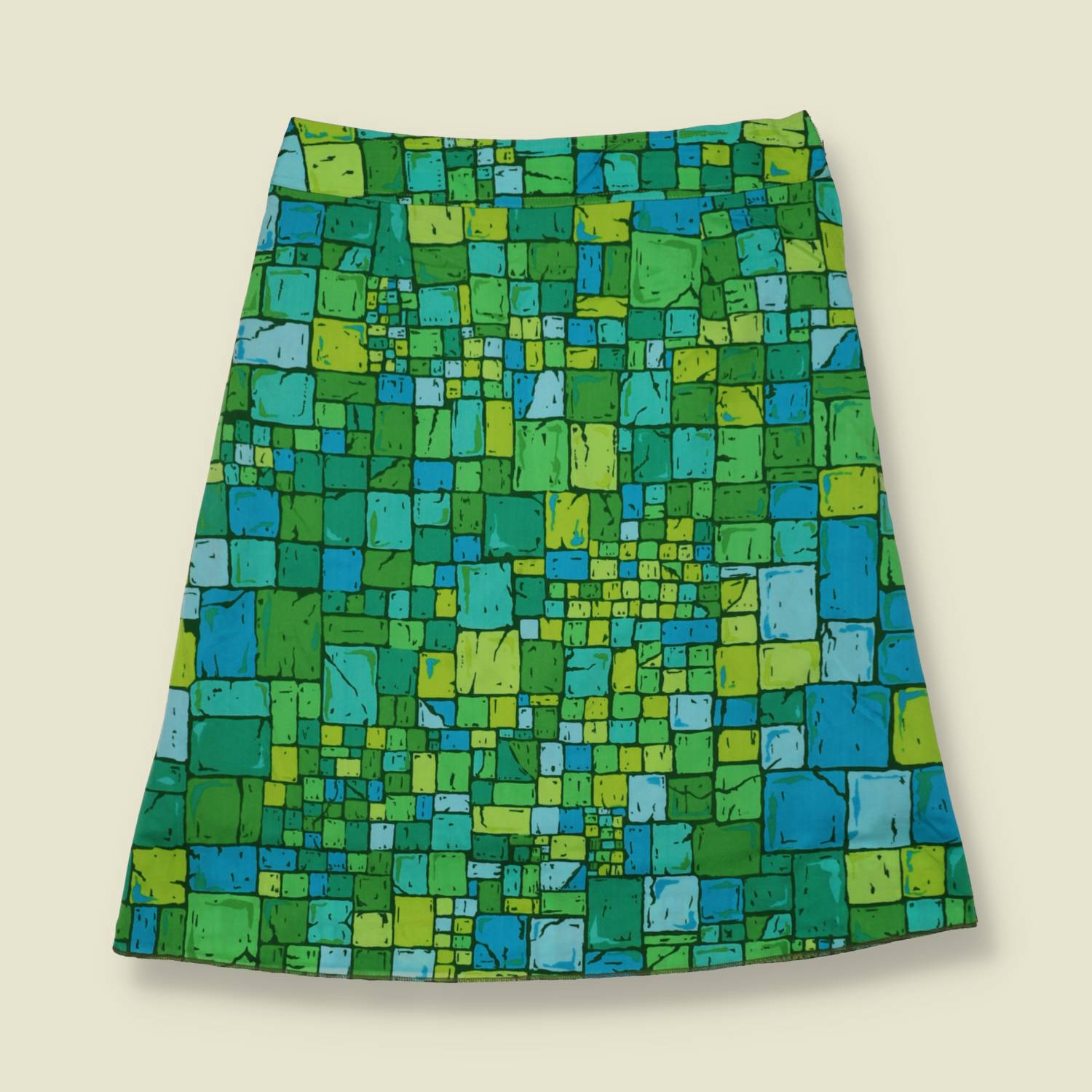 1970s | Poly Blend Skirt | Green & Blue Mosaic - w28