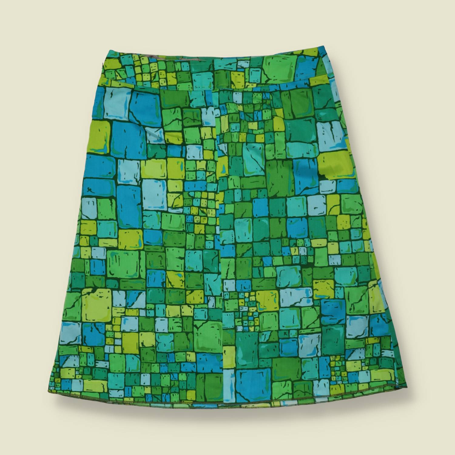 1970s | Poly Blend Skirt | Green & Blue Mosaic - w28