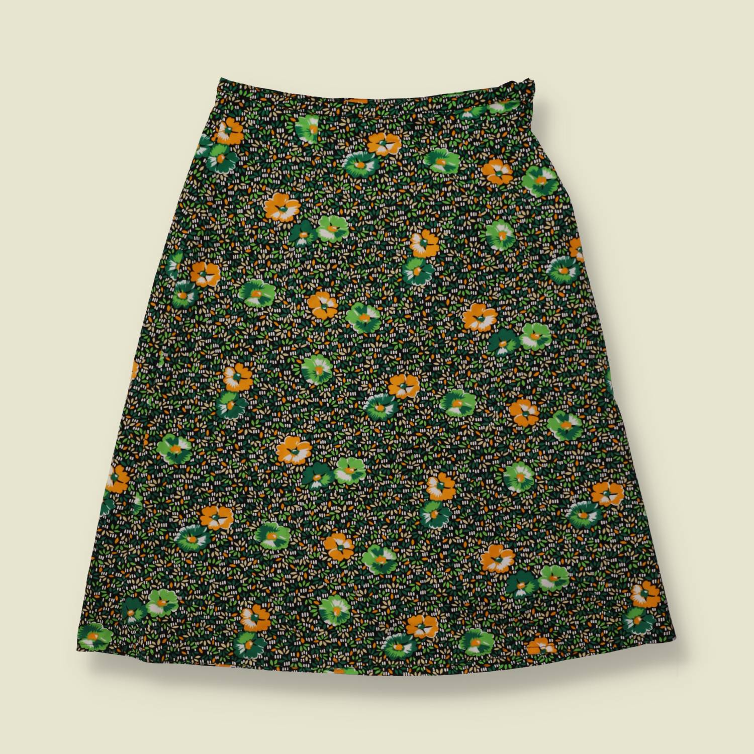 1970s | Polyester Skirt | Green & Orange Floral - w28