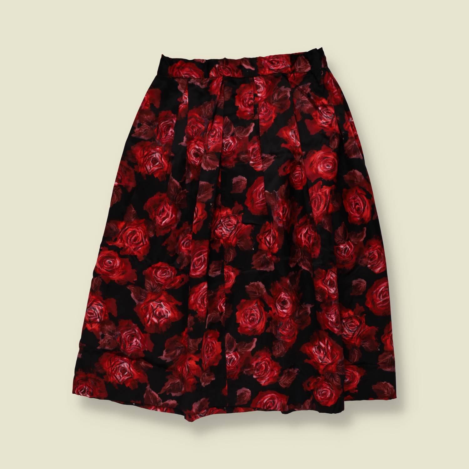 1970s | Soft Synthetic Skirt | Black & Red Rose - w27