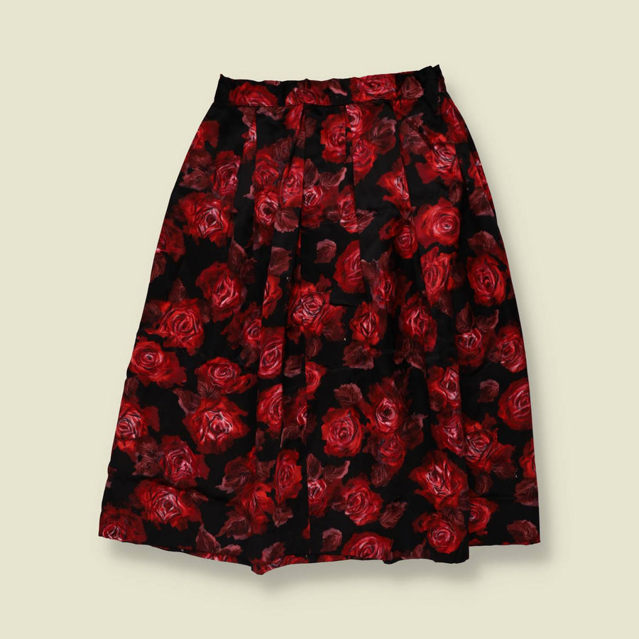 1970s | Soft Synthetic Skirt | Black & Red Rose - w27
