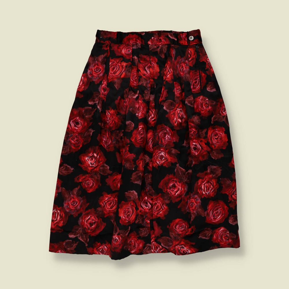 1970s | Soft Synthetic Skirt | Black & Red Rose - w27