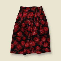 1970s | Soft Synthetic Skirt | Black & Red Rose - w27