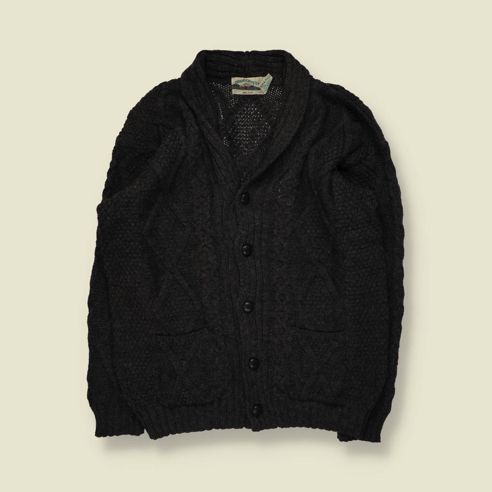 1980s | Aran Crafts | Merino Wool Cable Knit Cardigan | Charcoal - XL