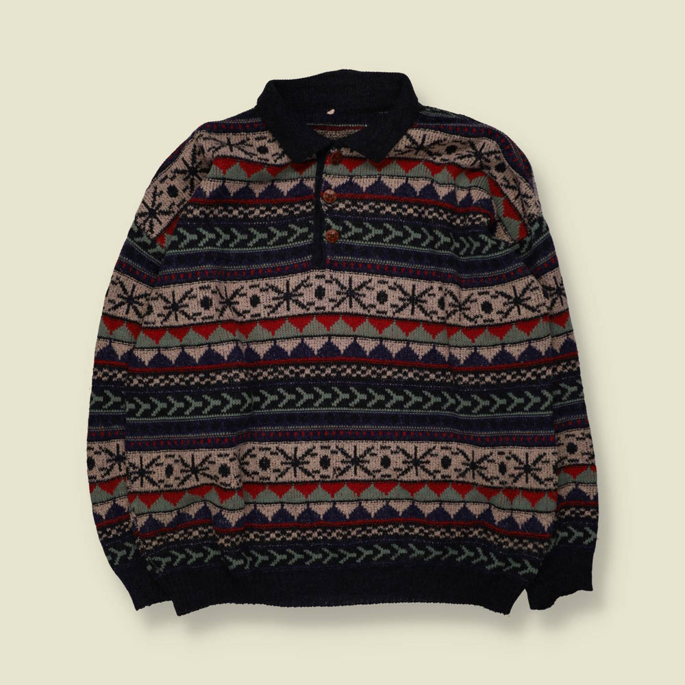 1980s | Fair Isle Collared Button Jumper | Navy Multi - 4XL