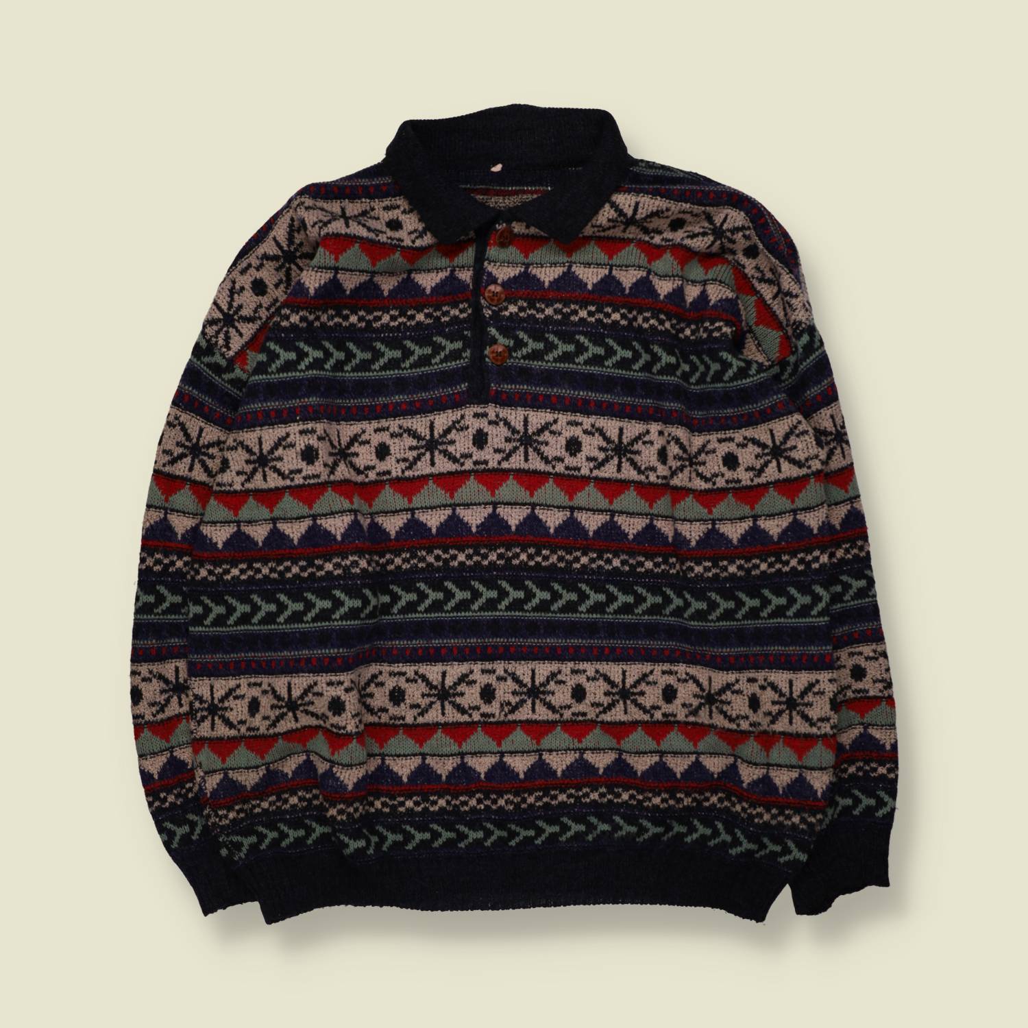 1980s | Fair Isle Collared Button Jumper | Navy Multi - 4XL