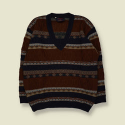 1980s | Fair Isle Cable Panel V-Neck Jumper | Brown Multi - XL