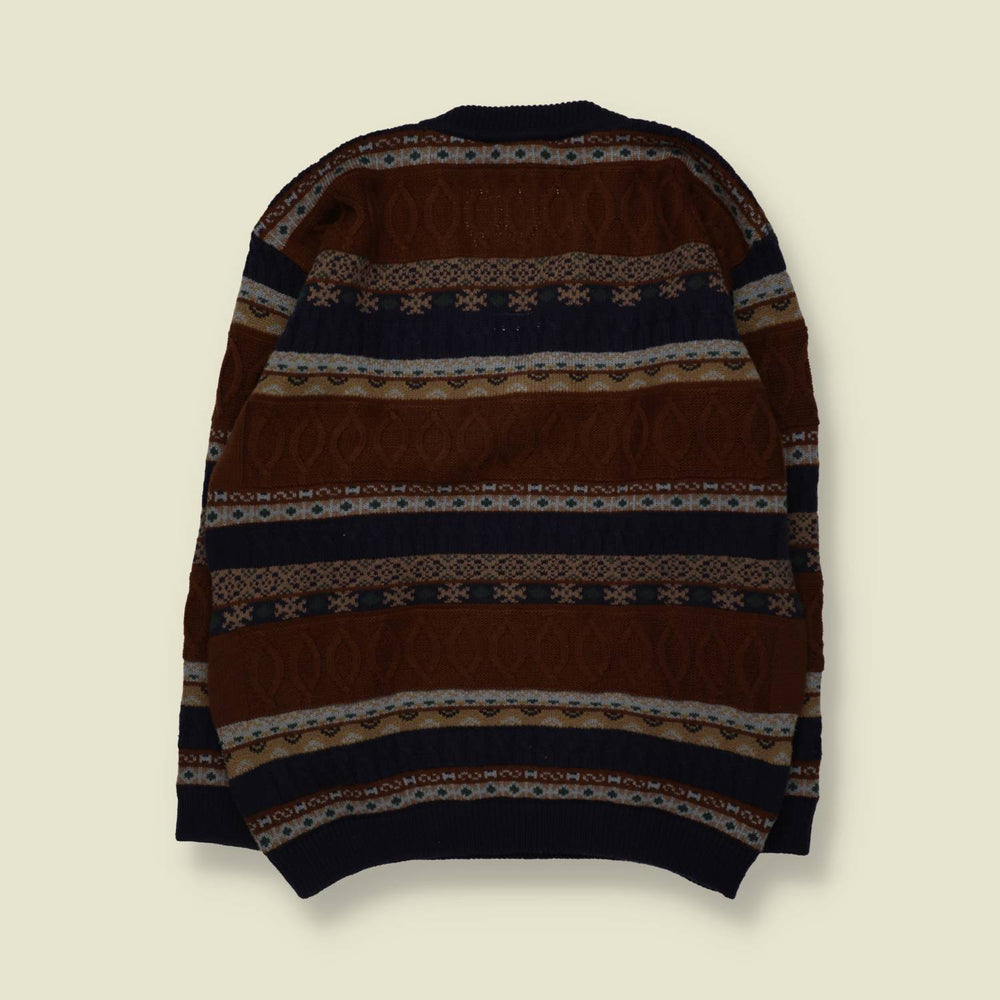 1980s | Fair Isle Cable Panel V-Neck Jumper | Brown Multi - XL