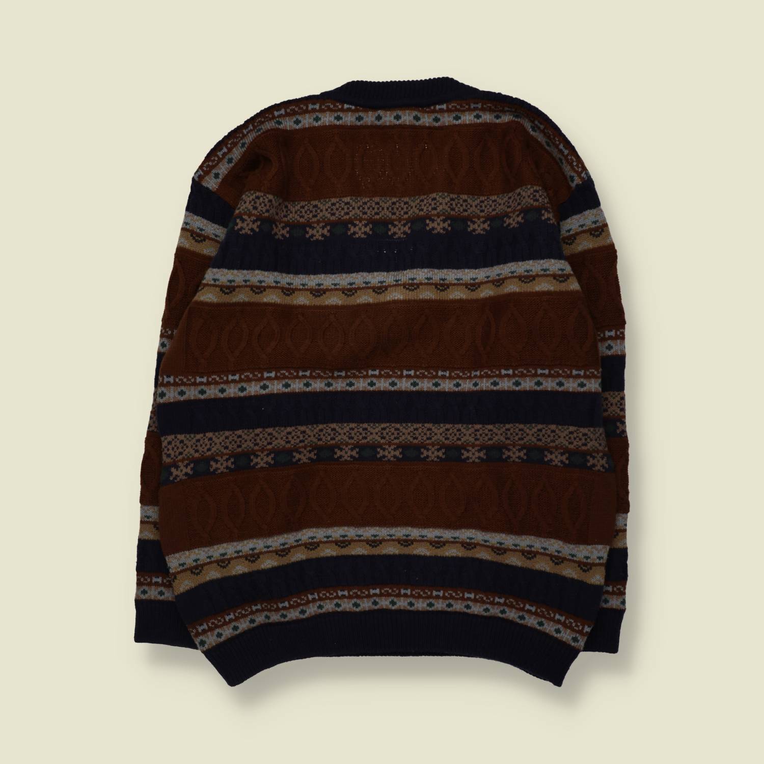 1980s | Fair Isle Cable Panel V-Neck Jumper | Brown Multi - XL