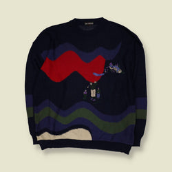 1980s | Enzo Lorenzo | Novelty Golfer Wave Print Jumper | Navy Multi - XXL