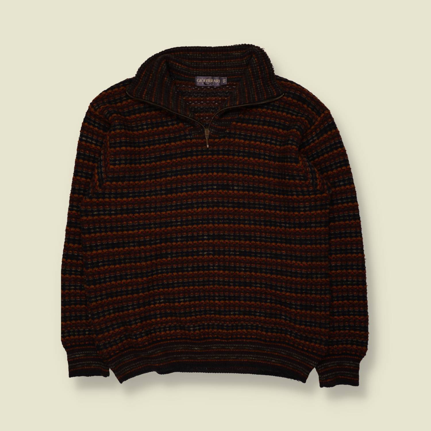1980s | Gio Ferrari | Merino Wool Acrylic Quarter Zip Jumper | Brown Multi - L