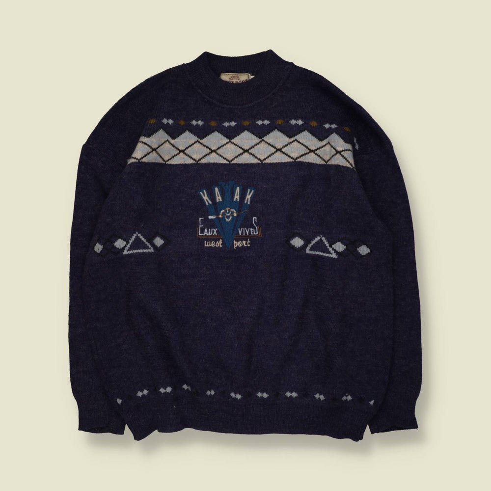 1980s | Novelty "Kayak Eaux Vives" Jumper | Navy - XXL