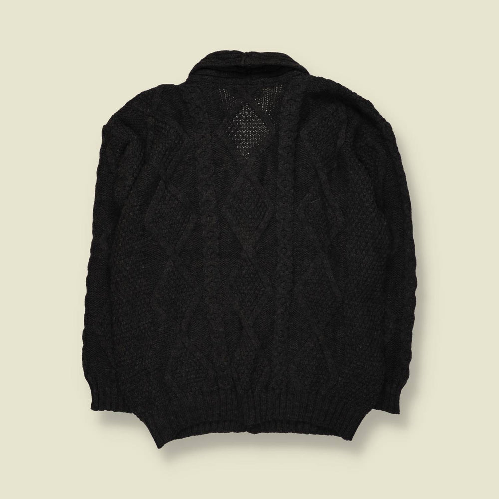 1980s | Aran Crafts | Merino Wool Cable Knit Cardigan | Charcoal - XL