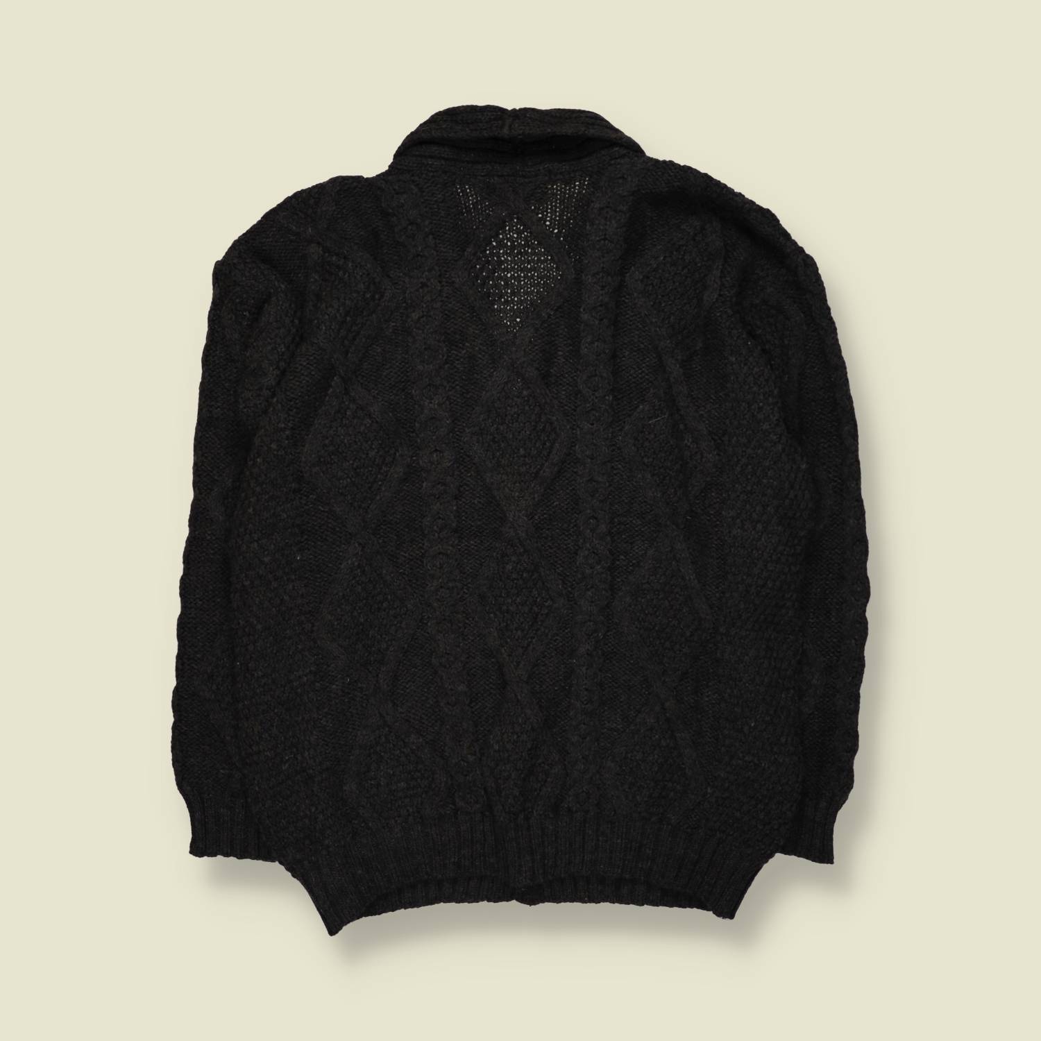 1980s | Aran Crafts | Merino Wool Cable Knit Cardigan | Charcoal - XL