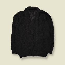 1980s | Aran Crafts | Merino Wool Cable Knit Cardigan | Charcoal - XL