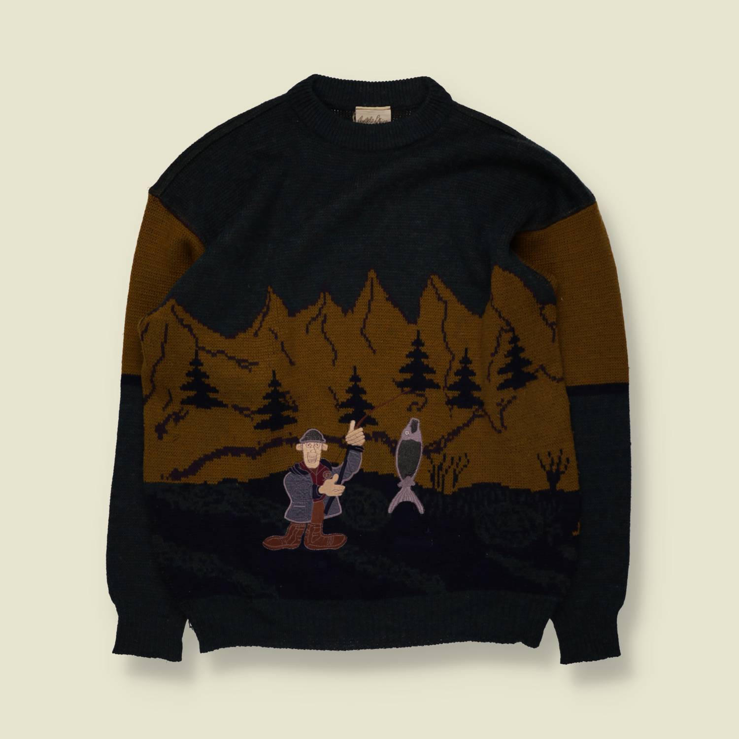 1980s | Angelo Litrico | Novelty Fisherman Scene Jumper | Navy & Brown - L