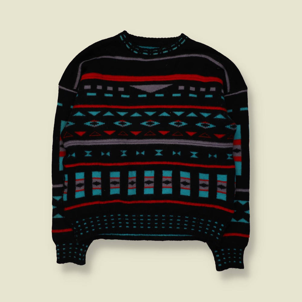 1980s | Wool Blend Reversible Aztec Pattern Jumper | Black Multi - M