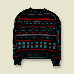 1980s | Wool Blend Reversible Aztec Pattern Jumper | Black Multi - M