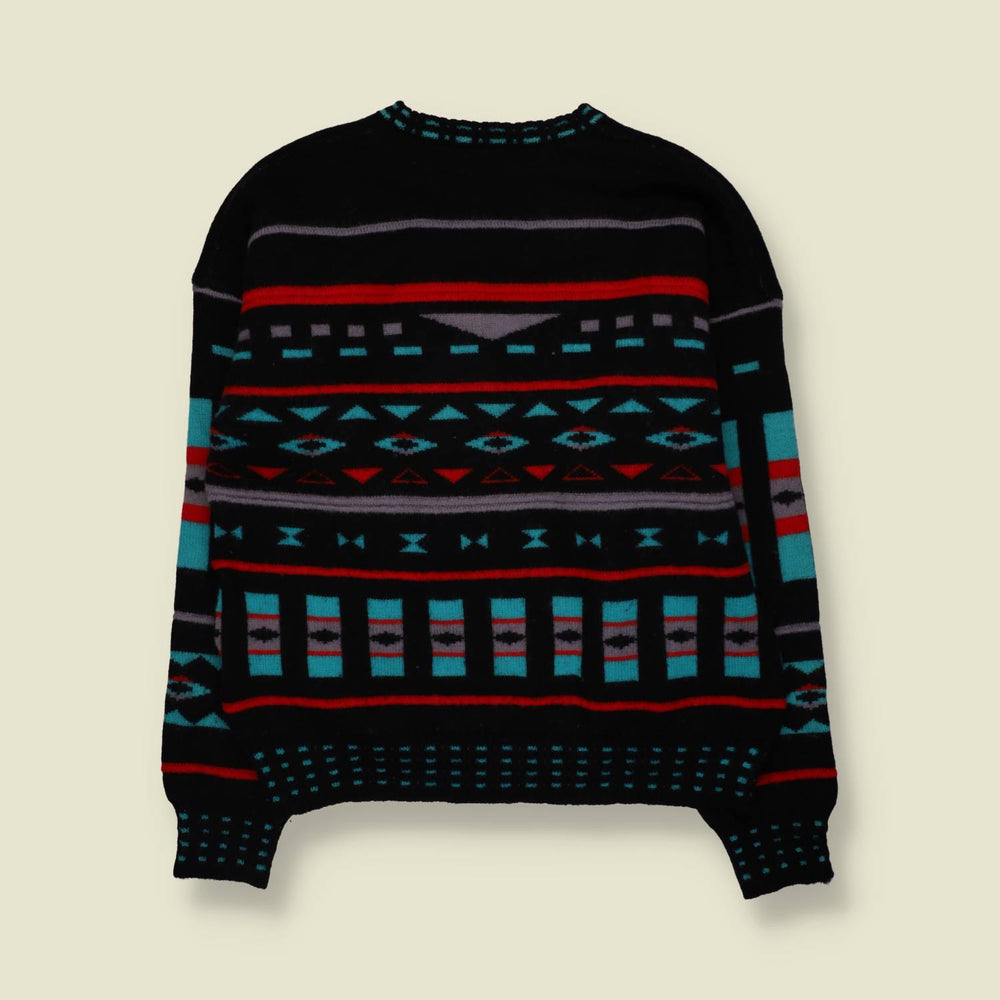 1980s | Wool Blend Reversible Aztec Pattern Jumper | Black Multi - M