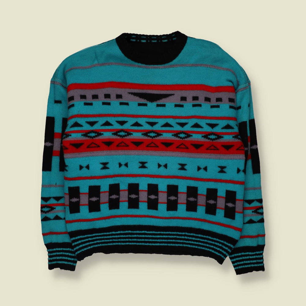 1980s | Wool Blend Reversible Aztec Pattern Jumper | Black Multi - M