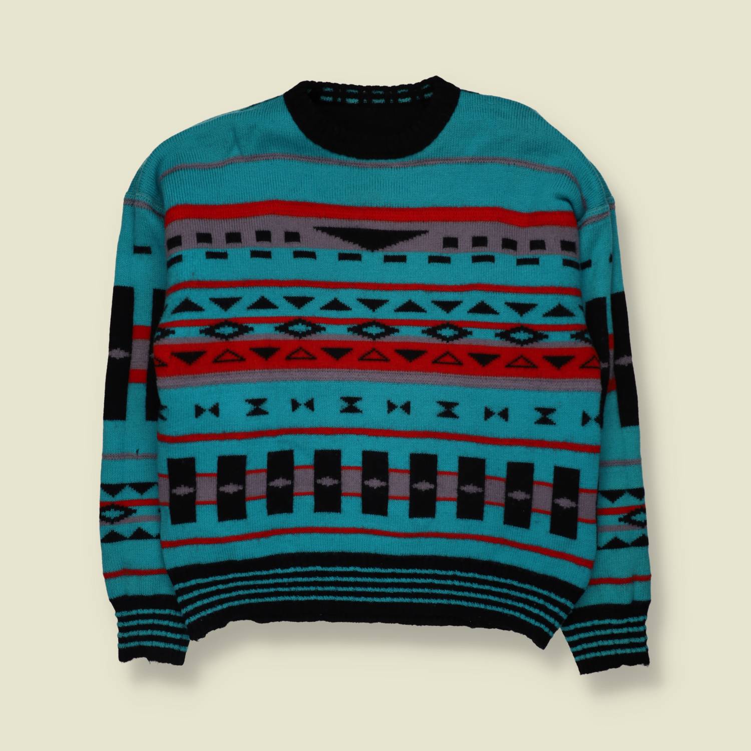 1980s | Wool Blend Reversible Aztec Pattern Jumper | Black Multi - M