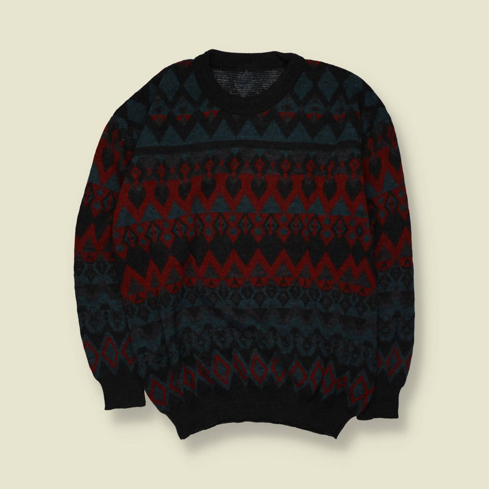 1980s | Wool Acrylic Aztec Pattern Jumper | Black Multi - XL