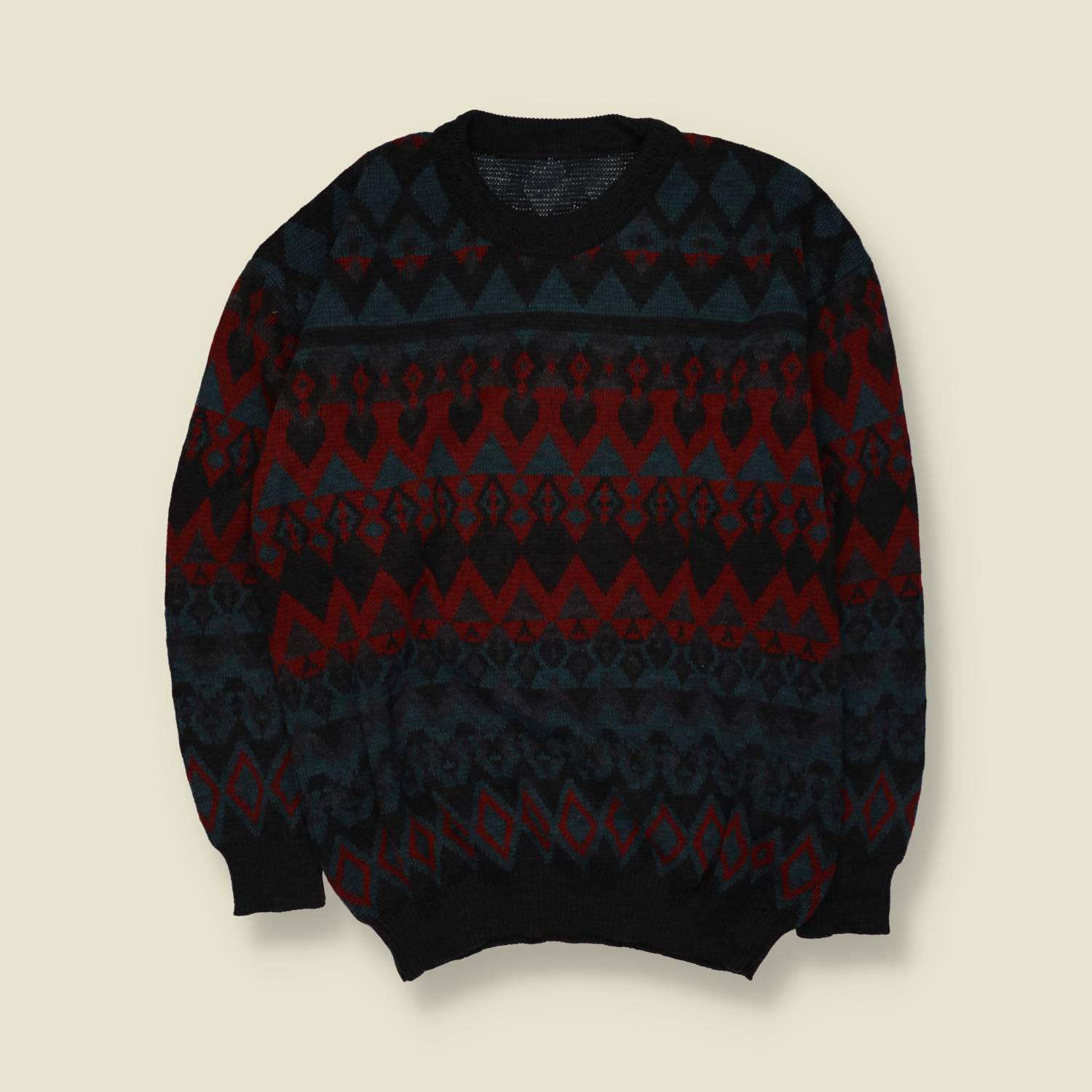 1980s | Wool Acrylic Aztec Pattern Jumper | Black Multi - XL
