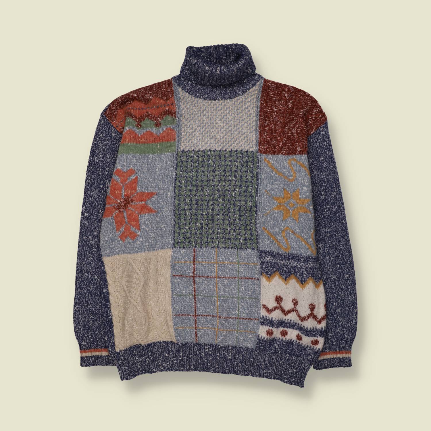 1980s | Patchwork Roll Neck Jumper | Navy Multi - M