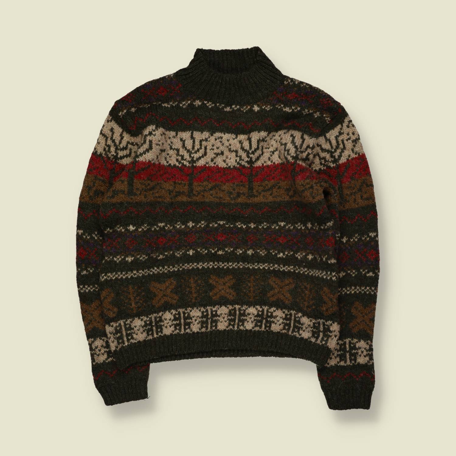 1980s | Baxter and Web | Fair Isle Tree Pattern Jumper | Olive Multi - XS