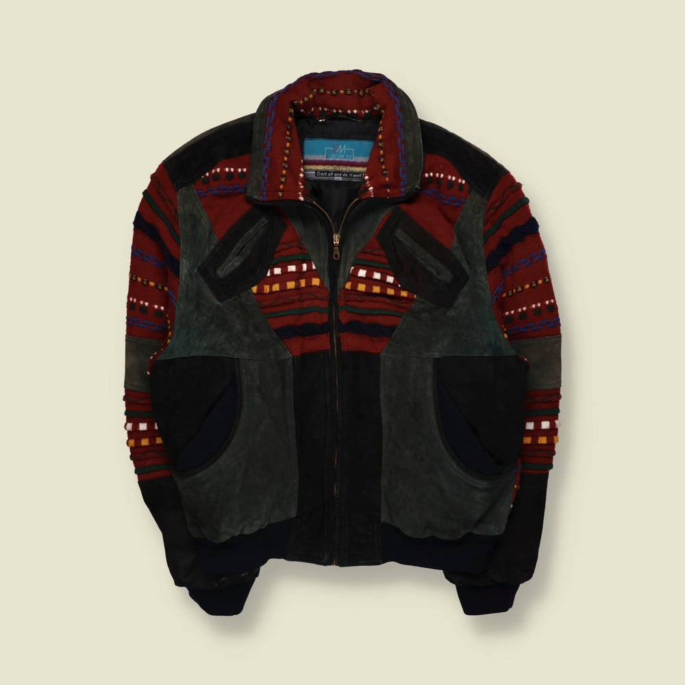 1980s | Euro Mode | Suede & Aztec Knit Panel Jacket | Multi - XL