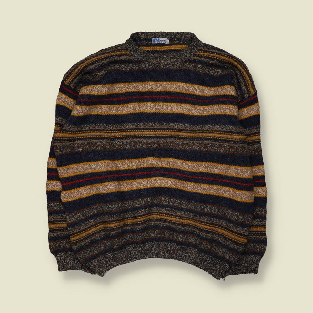 1980s | Wool Blend Striped Crew Neck Jumper | Navy Multi - XXL