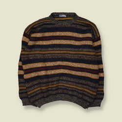 1980s | Wool Blend Striped Crew Neck Jumper | Navy Multi - XXL