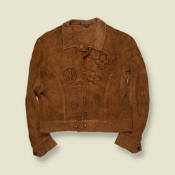 1960s | Suede Trucker Jacket with Hand-Drawn Peace & Flower Motifs | Tan - XXS