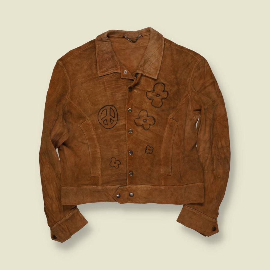 1960s | Suede Trucker Jacket with Hand-Drawn Peace & Flower Motifs | Tan - XXS