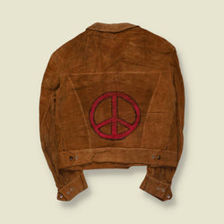 1960s | Suede Trucker Jacket with Hand-Drawn Peace & Flower Motifs | Tan - XXS