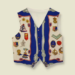 1980s | Silk Nautical Print Waistcoat | Blue & Cream - L