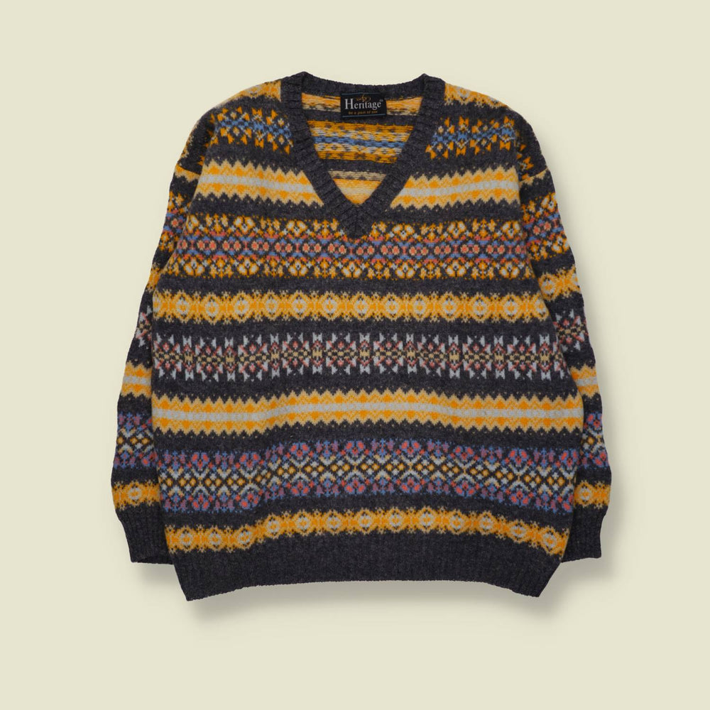 1970s/80s | Heritage | Virgin Wool Fair Isle V-Neck Jumper | Charcoal Multi - L
