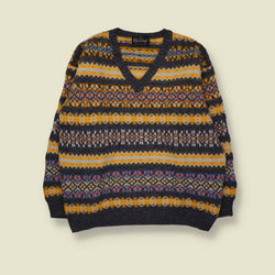 1970s/80s | Heritage | Virgin Wool Fair Isle V-Neck Jumper | Charcoal Multi - L