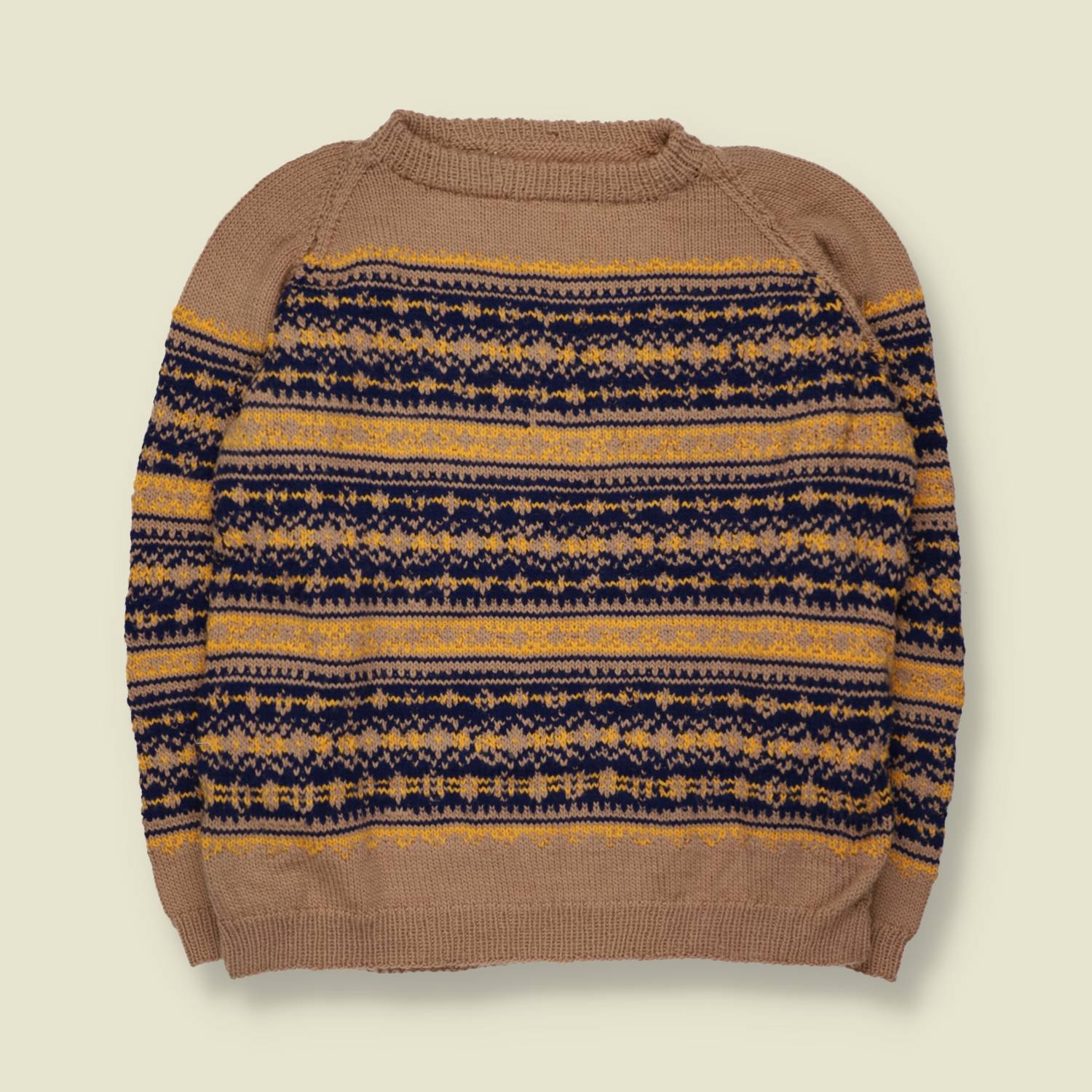 1950s/60s | Handknit Fair Isle Jumper | Tan, Navy & Mustard - M