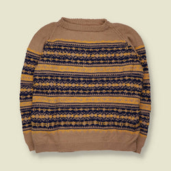 1950s/60s | Handknit Fair Isle Jumper | Tan, Navy & Mustard - M