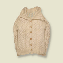 1970s | Wool Cable Knit Shawl Collar Cardigan | Cream - XXS