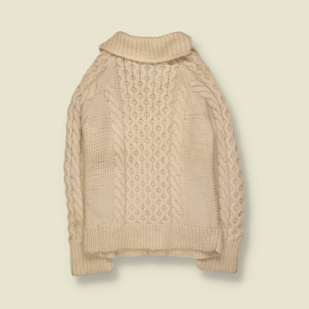 1970s | Wool Cable Knit Shawl Collar Cardigan | Cream - XXS