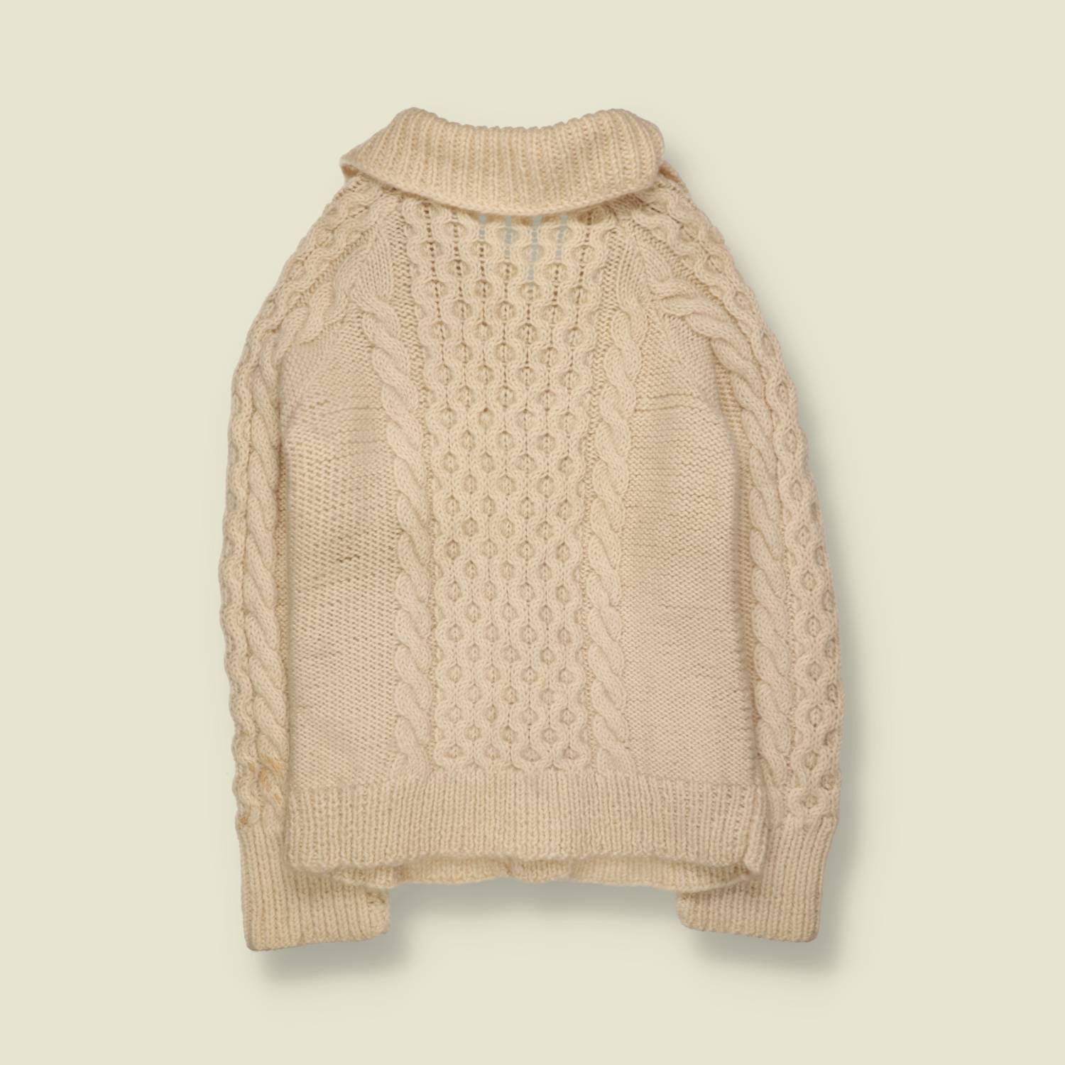 1970s | Wool Cable Knit Shawl Collar Cardigan | Cream - XXS