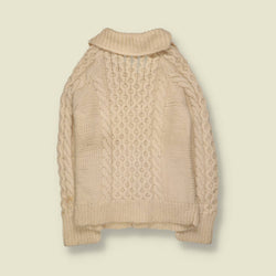1970s | Wool Cable Knit Shawl Collar Cardigan | Cream - XXS